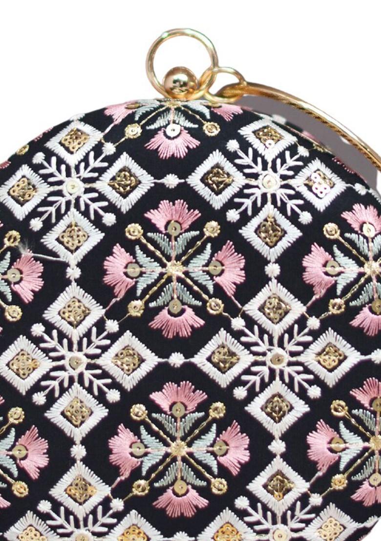 Black Satin Floral Embroidered Box Clutch - Indya