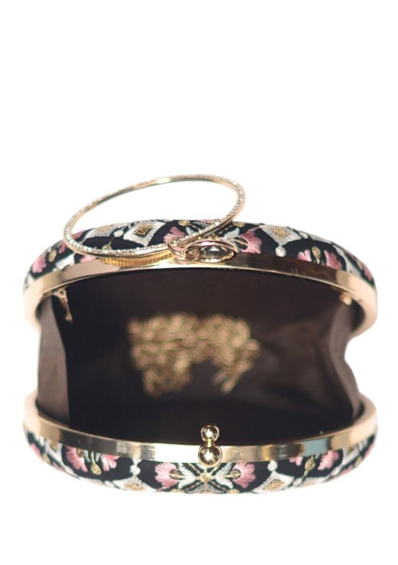 Black Satin Floral Embroidered Box Clutch - Indya