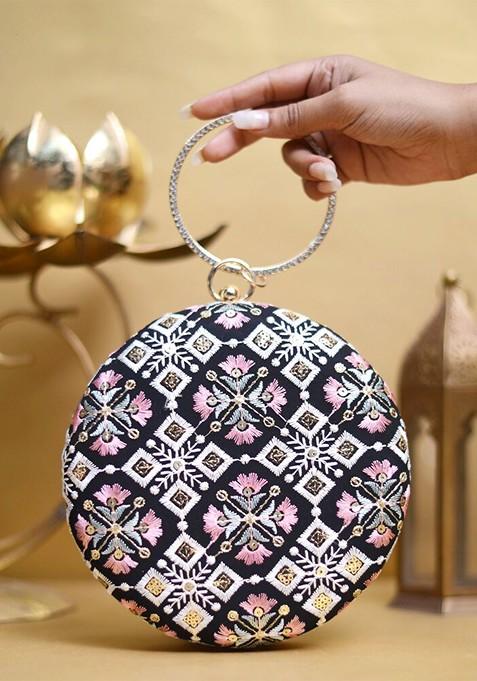 Black Satin Floral Embroidered Box Clutch