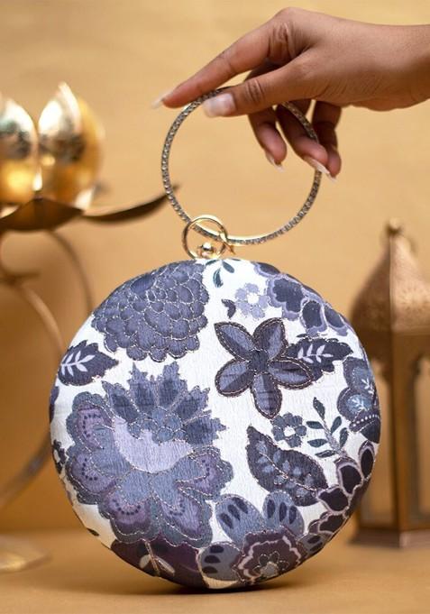 White Satin Floral Embroidered Box Clutch