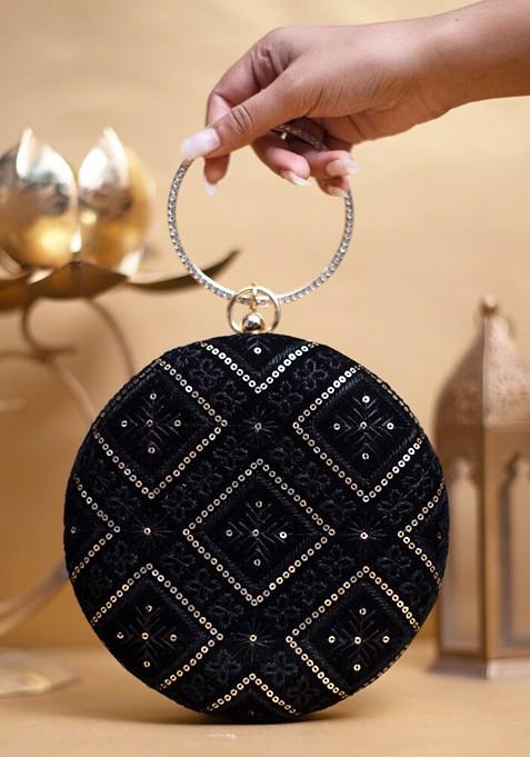 Black Satin Embroidered Box Clutch