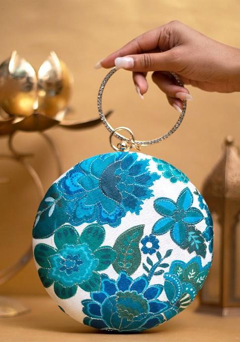 White Satin Floral Embroidered Box Clutch