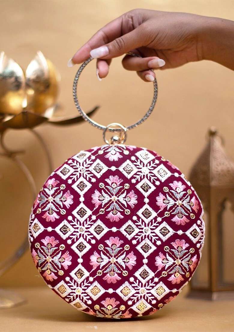 Maroon Satin Floral Embroidered Box Clutch - Indya