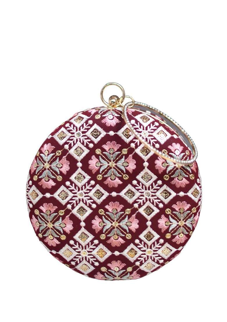 Maroon Satin Floral Embroidered Box Clutch - Indya