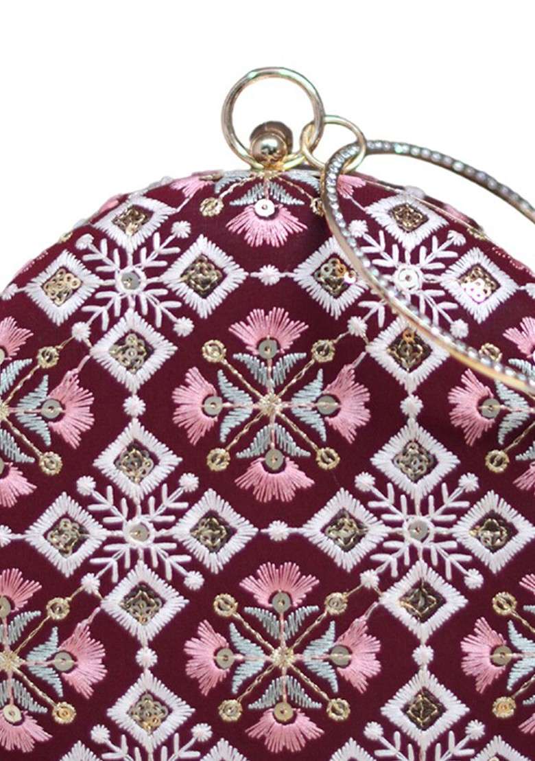 Maroon Satin Floral Embroidered Box Clutch - Indya