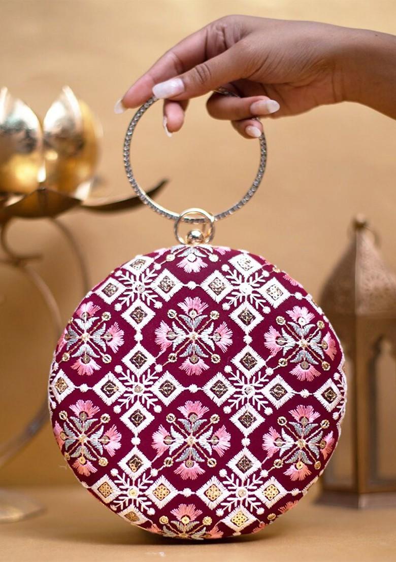 Maroon Satin Floral Embroidered Box Clutch - Indya
