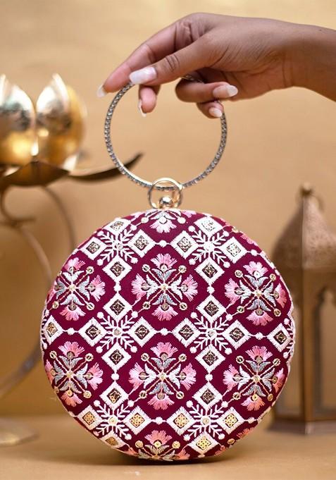 Maroon Satin Floral Embroidered Box Clutch