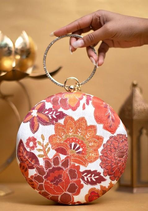 White Satin Floral Embroidered Box Clutch