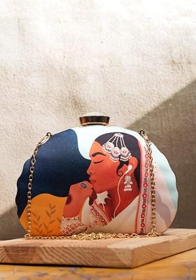 White Fabric Printed Box Clutch