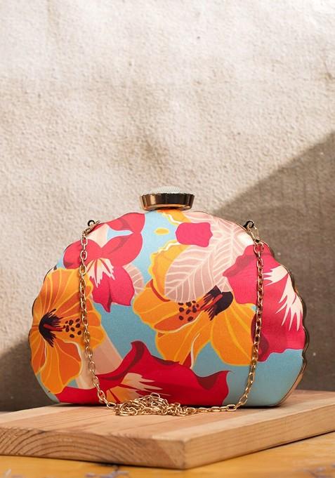 Blue Fabric Printed Box Clutch