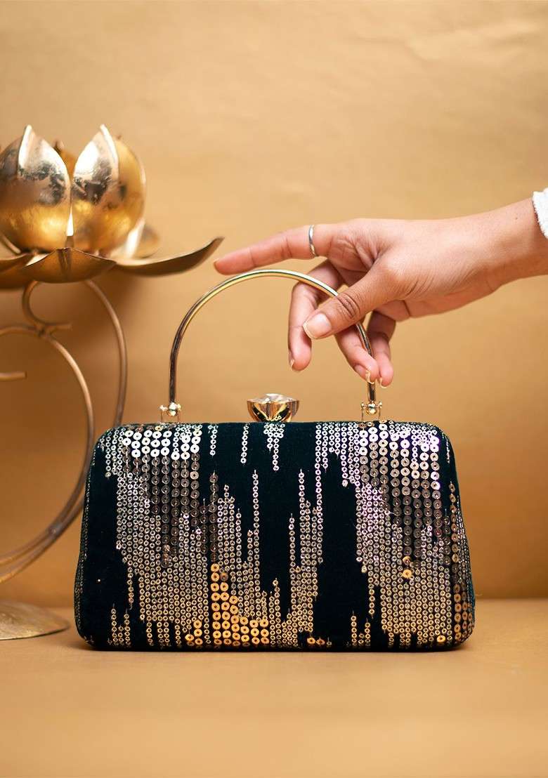 Green Satin Embellished Box Clutch - Indya