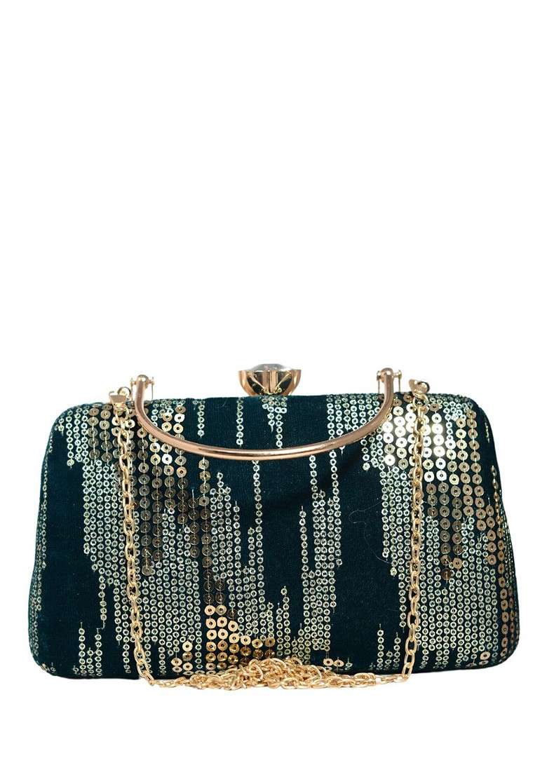 Green Satin Embellished Box Clutch - Indya