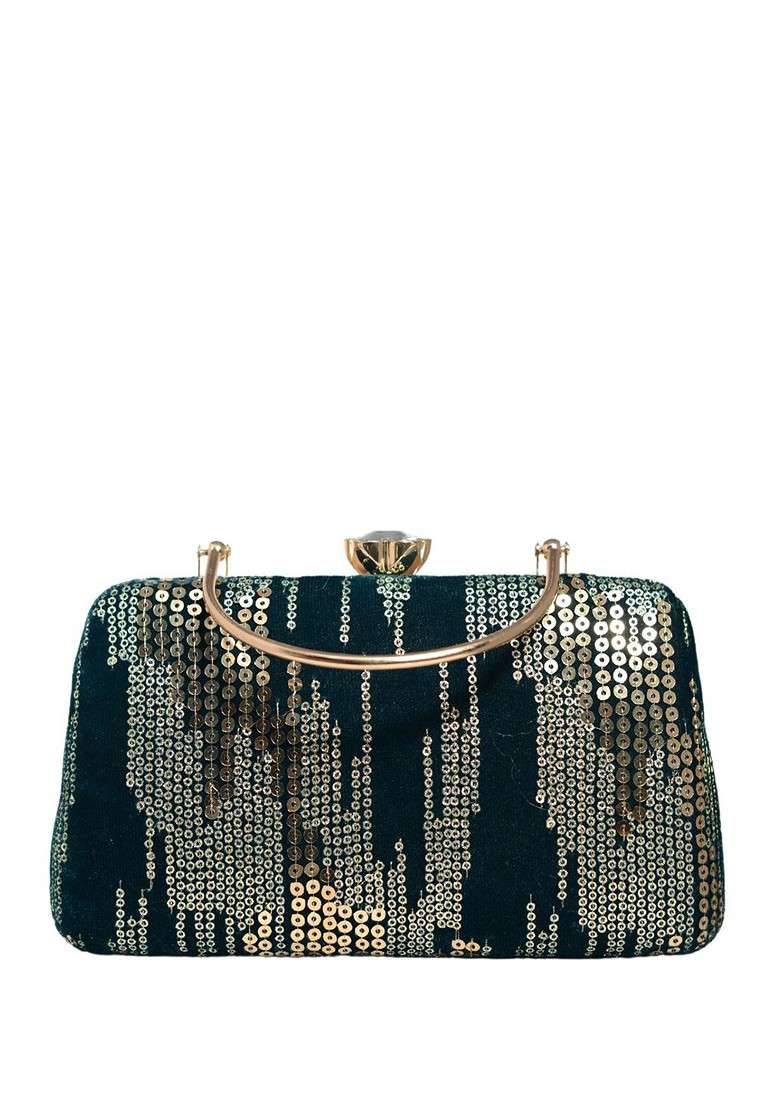 Green Satin Embellished Box Clutch - Indya