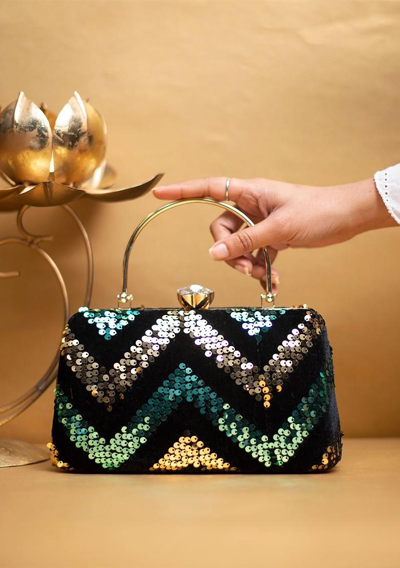 Black Satin Embellished Box Clutch - Indya