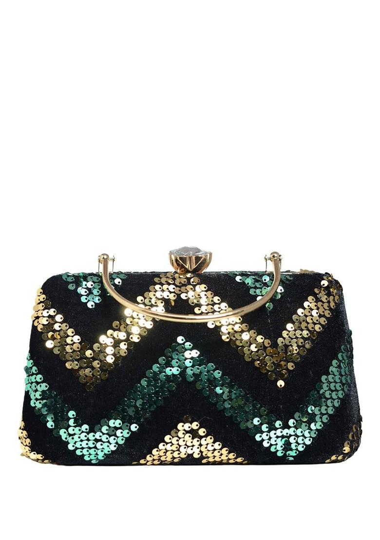 Black Satin Embellished Box Clutch - Indya