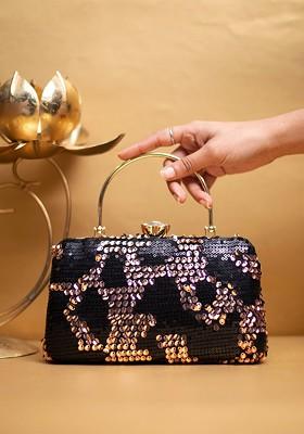 Black Satin Embellished Box Clutch