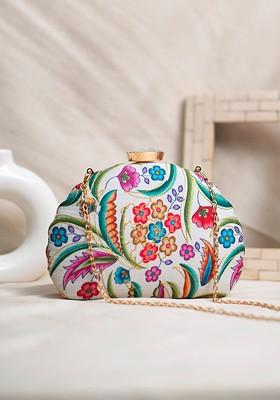 White Fabric Printed Box Clutch
