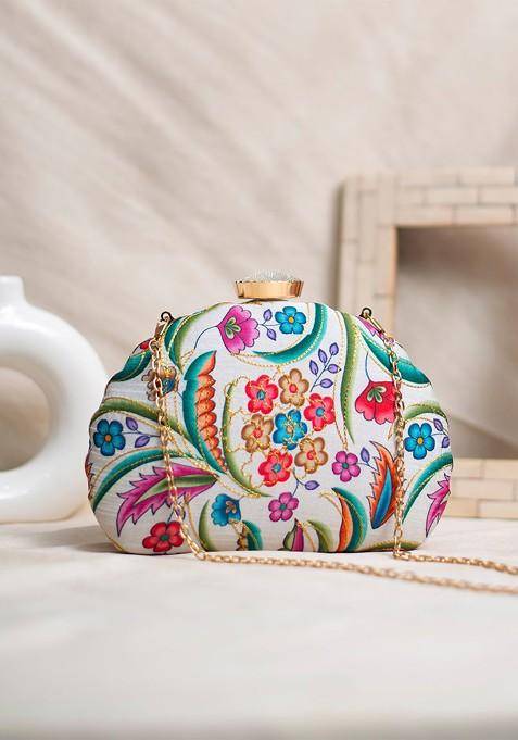 White Fabric Printed Box Clutch