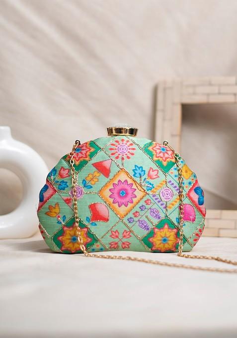 Green Satin Embroidered Half Moon Clutch