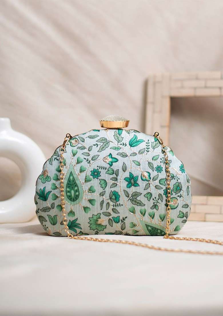 Green Satin Embroidered Box Clutch - Indya