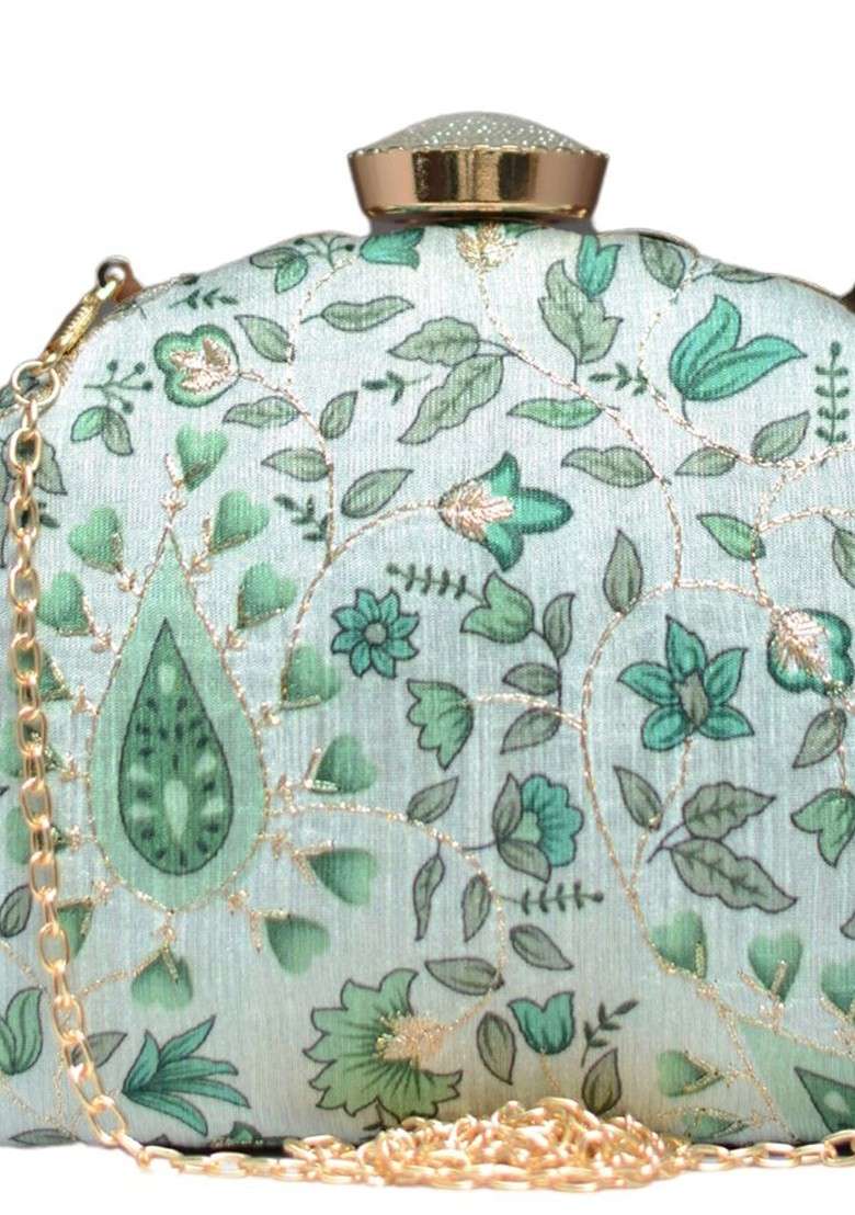 Green Satin Embroidered Box Clutch - Indya