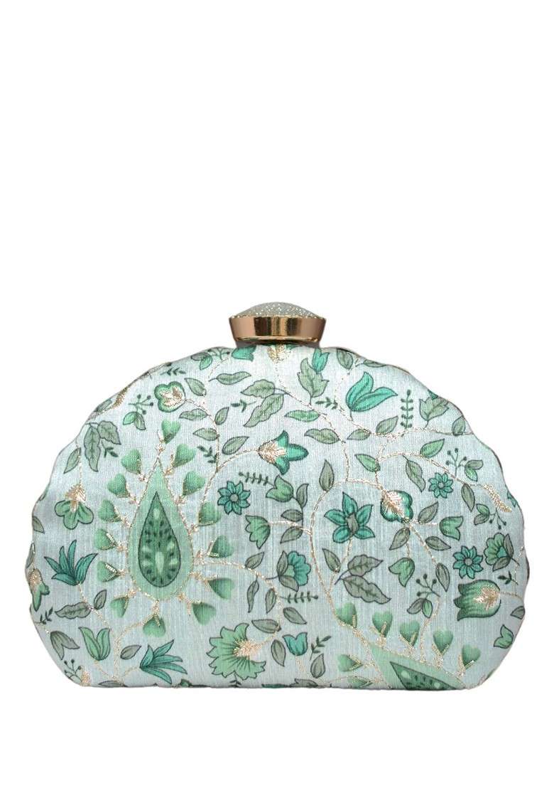 Green Satin Embroidered Box Clutch - Indya