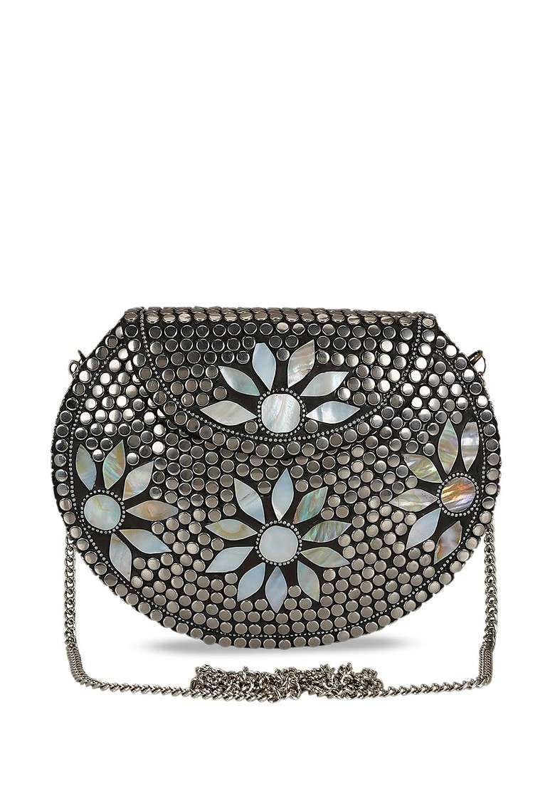 Silver Toned Mosaic Embellished Metal Purse - Indya