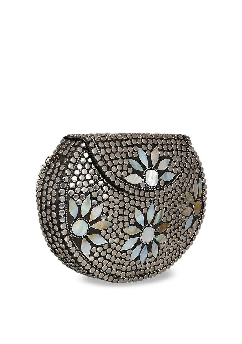 Silver Toned Mosaic Embellished Metal Purse - Indya