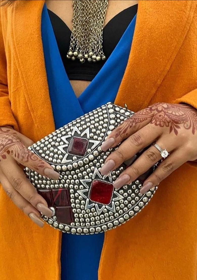 Silver Toned Mosaic Embellished Metal Purse