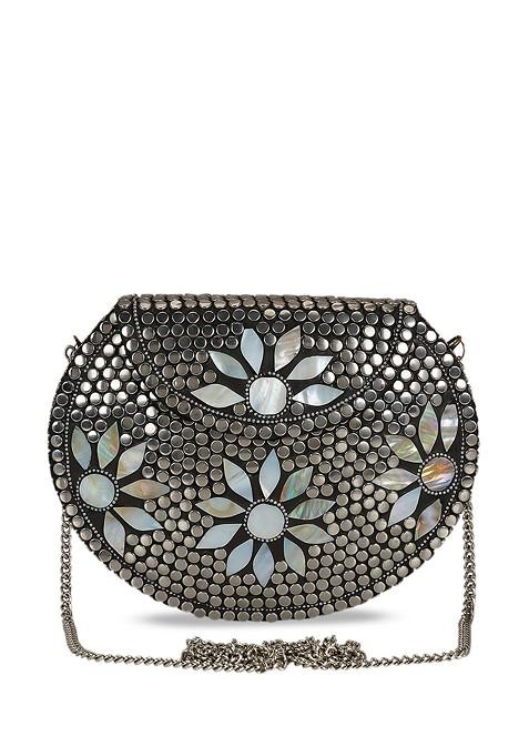 Silver Toned Mosaic Embellished Metal Purse