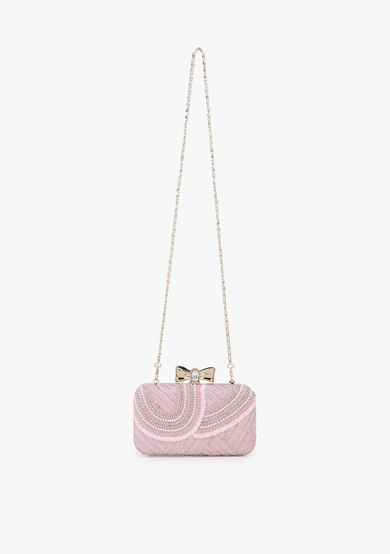 Pink And Gold Toned Embellished Embellished Clutch