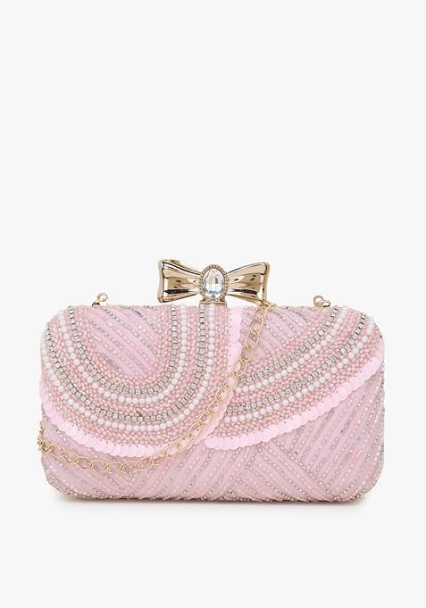 Pink And Gold Toned Embellished Embellished Clutch