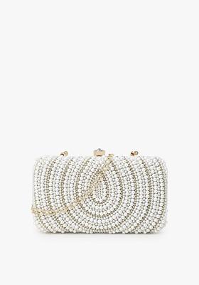 Gold Toned And White Embellished Clutch