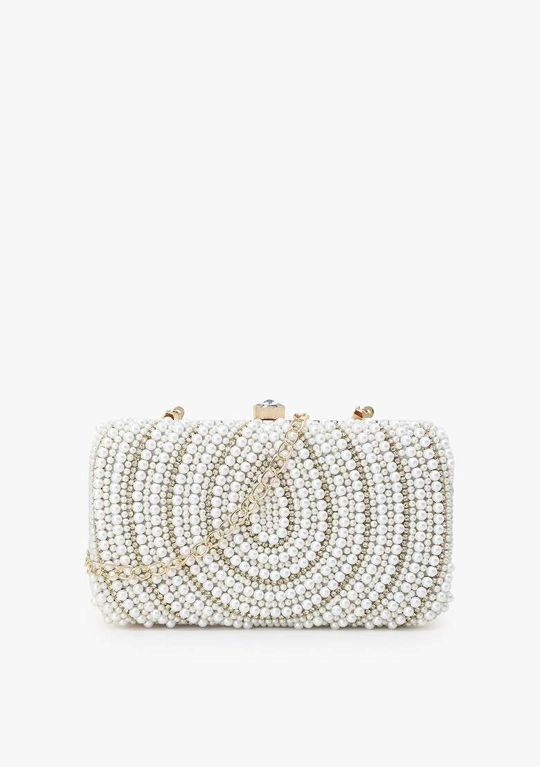 Gold Toned And White Embellished Clutch - Indya