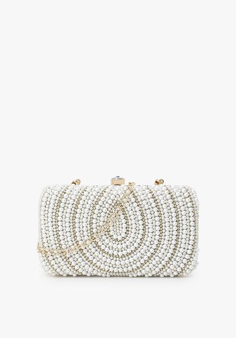 Gold Toned And White Embellished Clutch