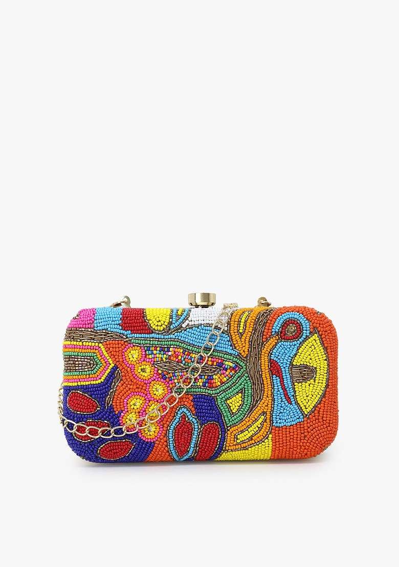Gold Toned And Blue Embroidered Clutch - Indya