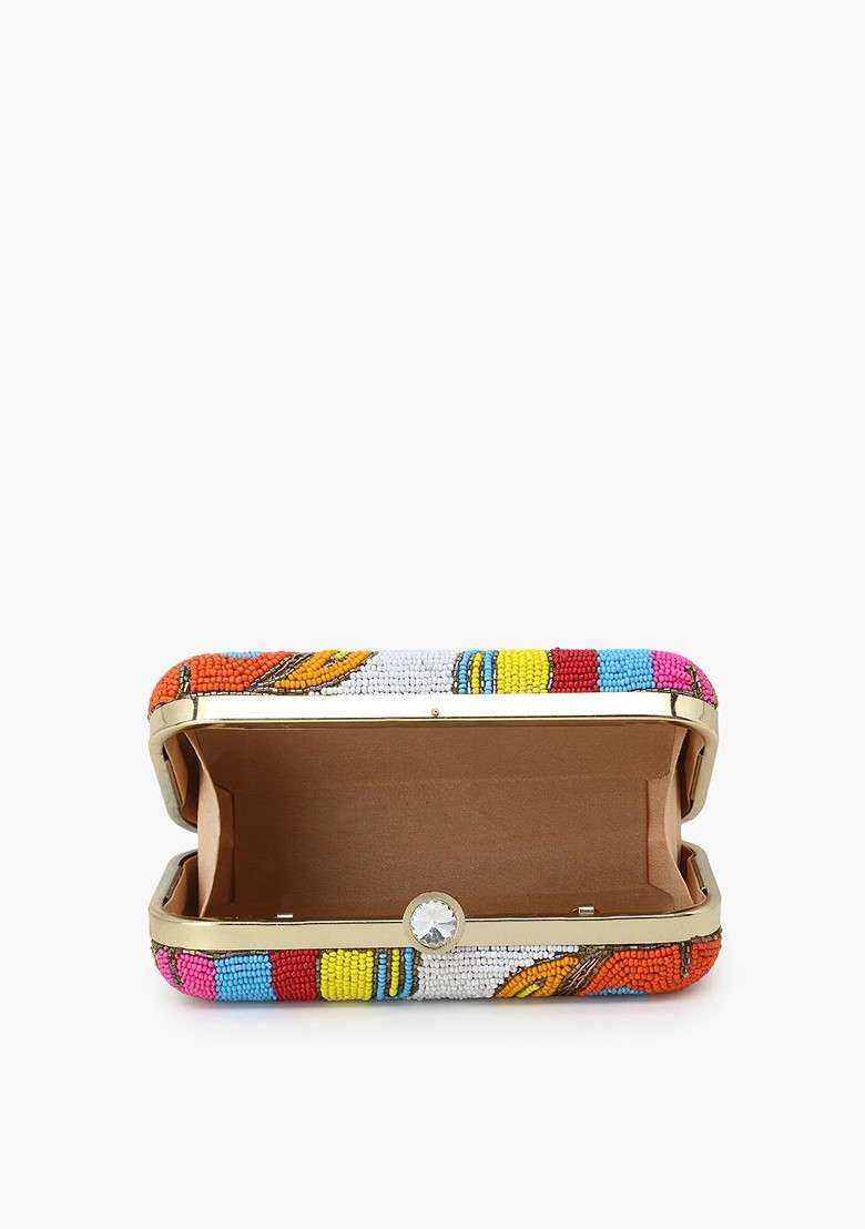 Gold Toned And Blue Embroidered Clutch - Indya