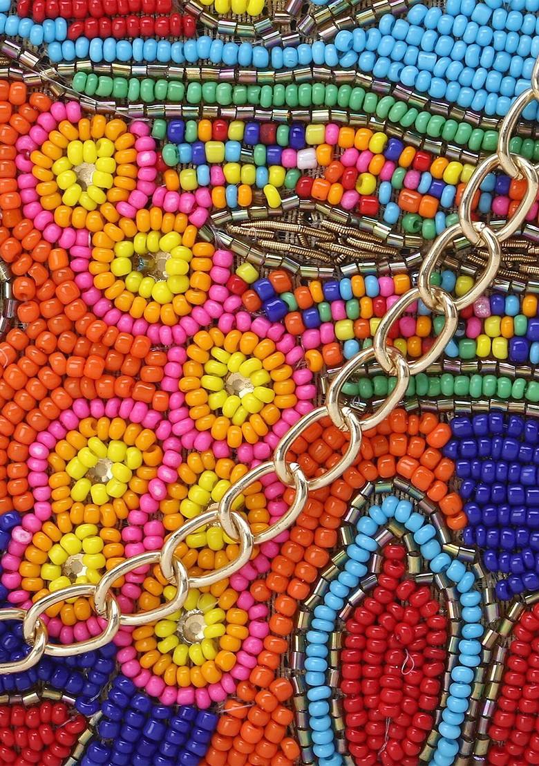 Gold Toned And Blue Embroidered Clutch