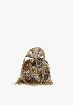 Beige And Grey Embellished Tasselled Potli Clutch