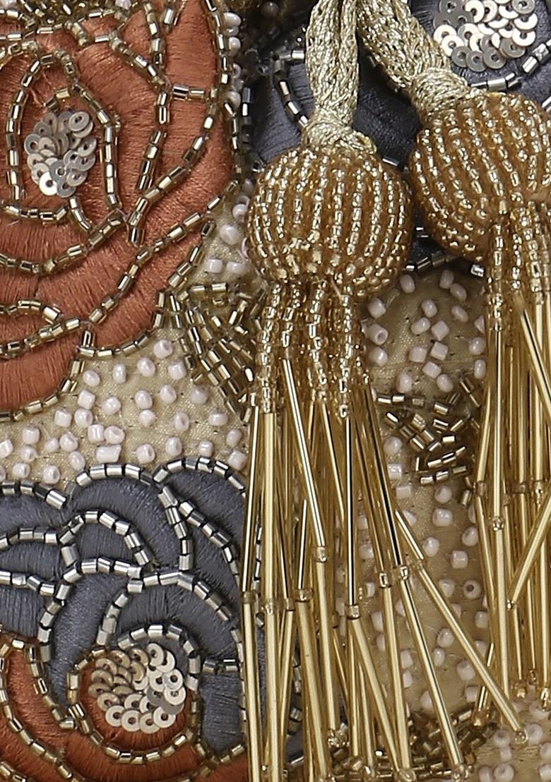 Beige And Grey Embellished Tasselled Potli Clutch