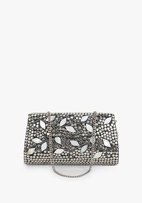 Silver Toned Embellished Purse Clutch