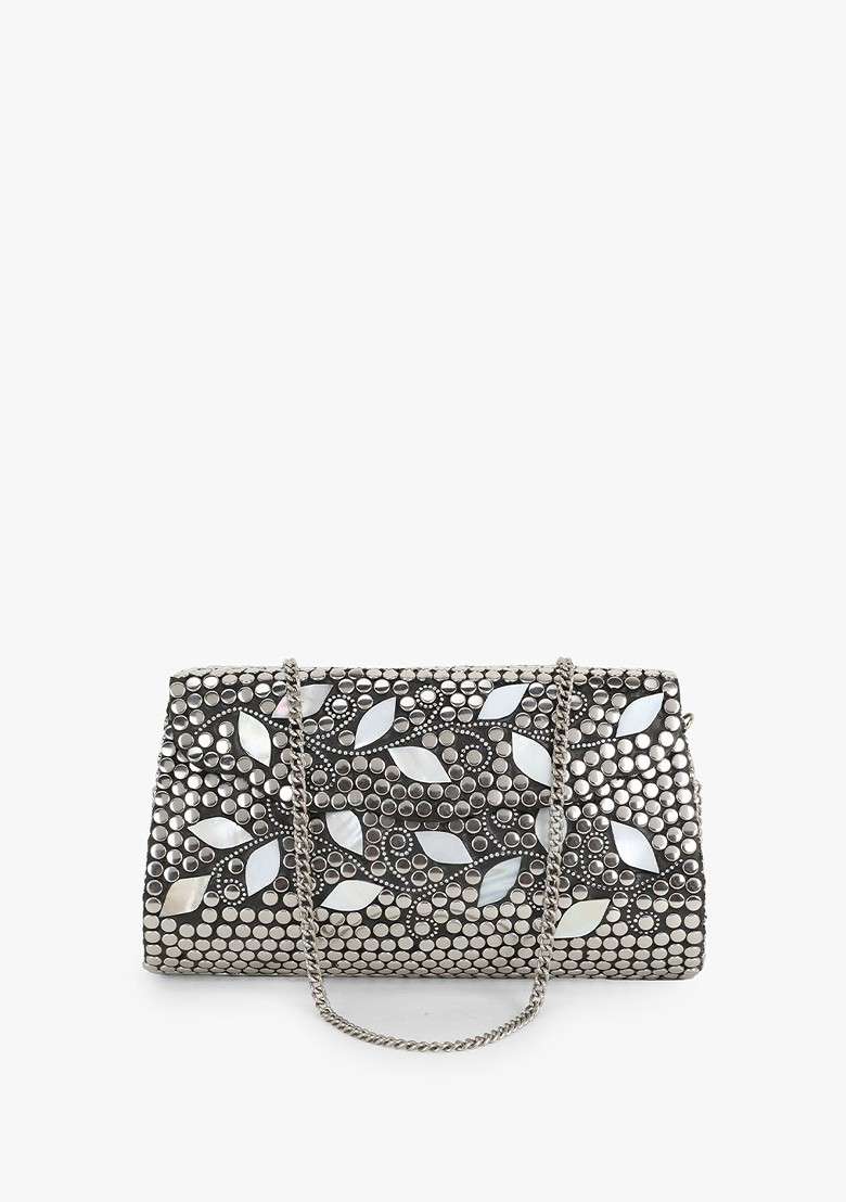 Silver Toned Embellished Purse Clutch - Indya