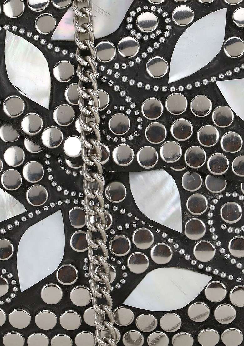 Silver Toned Embellished Purse Clutch - Indya