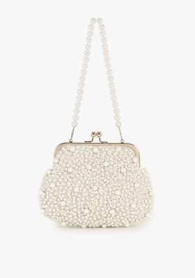 Off White Pearls Embellished Purse Clutch