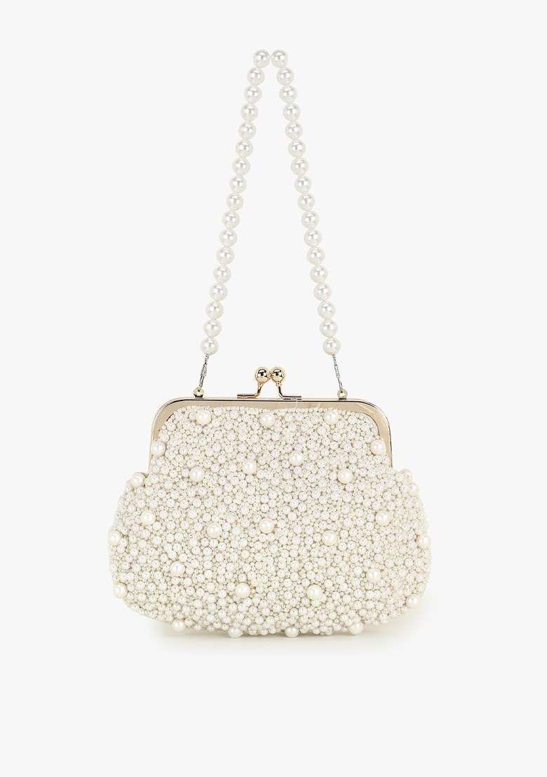 Off White Pearls Embellished Purse Clutch - Indya