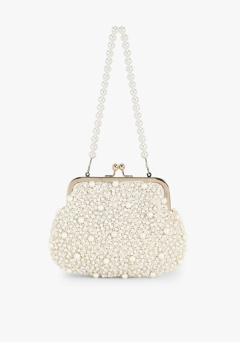 Off White Pearls Embellished Purse Clutch