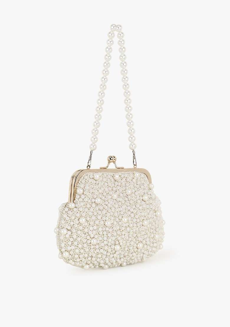 Off White Pearls Embellished Purse Clutch - Indya
