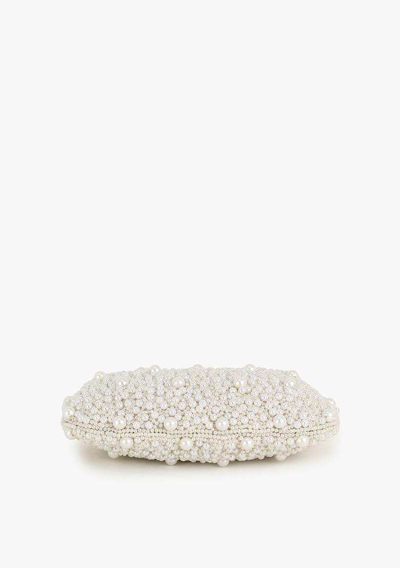 Off White Pearls Embellished Purse Clutch