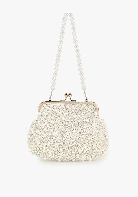 Off White Pearls Embellished Purse Clutch
