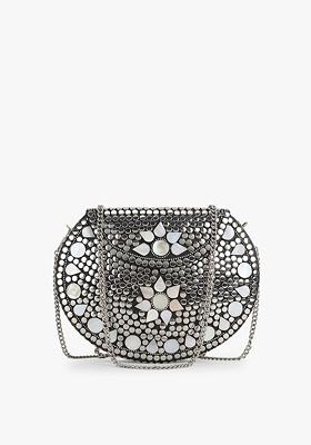 Women Silver Toned Embellished Half Moon Clutch